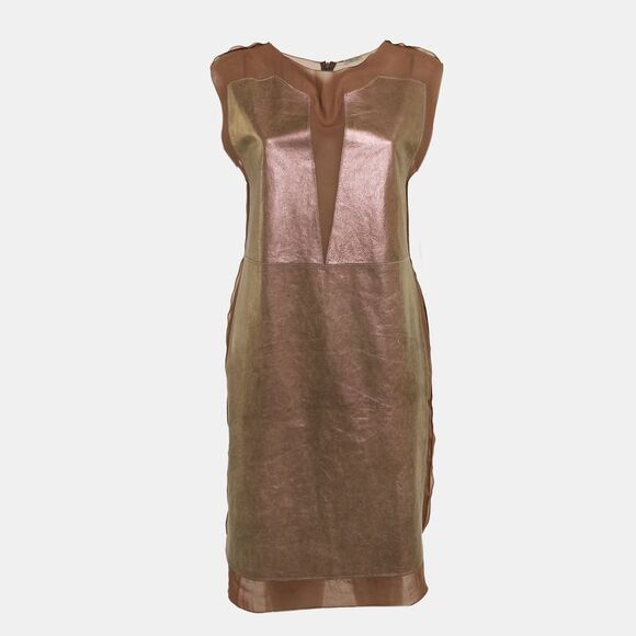 Bottega Veneta Brown Leather Round Neck Sleeveless Short Dress S,All Products : American Fashion Style Bags On Sale